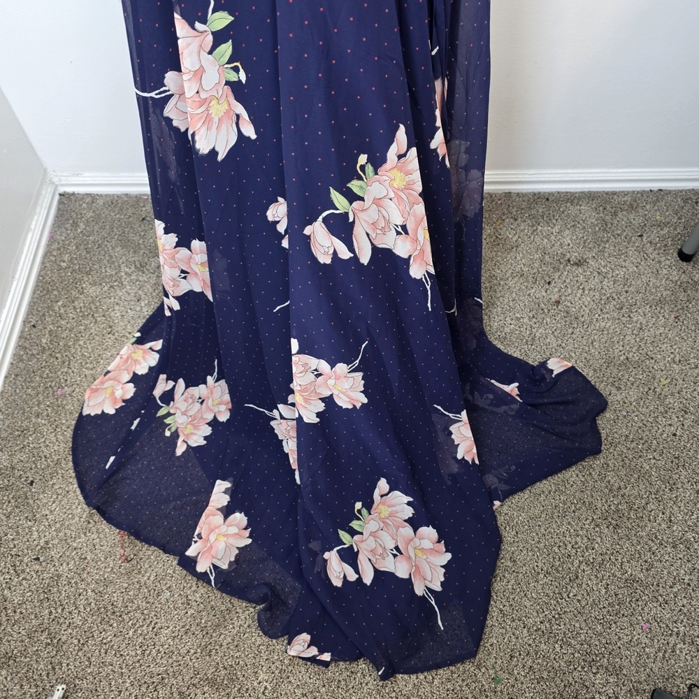 Lulus Navy Blue Floral Polka Dot Loiselle Wrap Boho Romantic Maxi Dress Size M - Picture 7 of 9